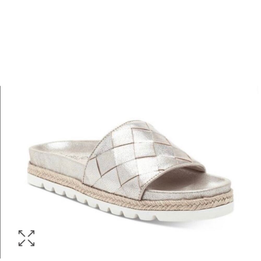 J/Slides Women's Rollie Large Weave Espadrille Platform Metallic Silver Size 7.5